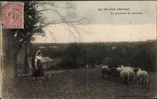 Ak La vie aux champs, la gardeuse de moutons