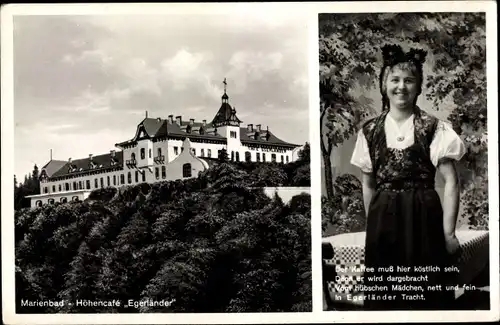 Ak Mariánské Lázně Marienbad Reg. Karlsbad, Höhencafe Egerländer, Mädchen in Egerländer Tracht