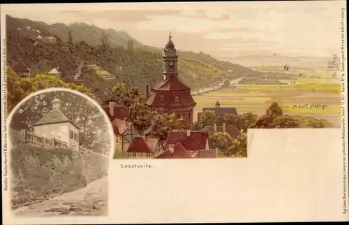 Litho Dresden Loschwitz, Kirche am Elbhang, Ansicht vom Schillerhaus