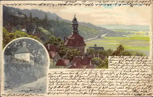 Litho Dresden Loschwitz, Kirche am Elbhang, Ansicht vom Schillerhaus