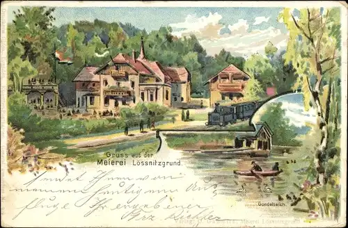 Litho Radebeul Sachsen, Blick auf die Meierei Lößnitzgrund, Eisenbahn, Ruderer