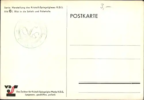 Ak Herstellung des Kristall Spiegelglases Marke V.D.S., Bild 6, Schleif und Pollierhalle, Reklame