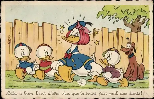 Künstler Ak Walt Disney, Donald Duck mit Zahnschmerzen, Tick, Trick, Track