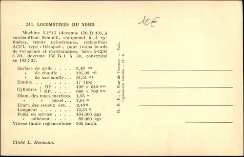 Ak Französische Eisenbahn, Dampflokomotive, Chemin de fer, Nord, Machine 5.1213