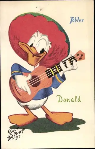 Künstler Ak Donald Duck, Gitarre, Sombrero, Walt Disney, Reklame, Tobler Schokolade