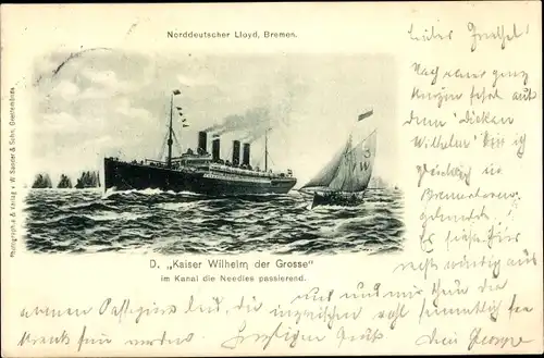 Ak Dampfer Kaiser Wilhelm der Große, Norddeutscher Lloyd im Kanal die Needles passierend