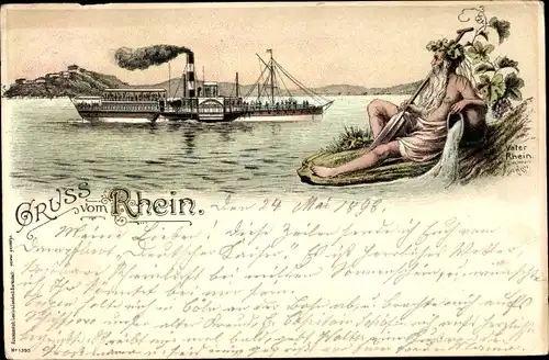 Litho Gruß vom Rhein, Vater Rhein, Salondampfer in Fahrt