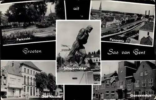 Ak Sas van Gent Zeeland, Parkzicht, Panorama, Oud Klooster, Gemeentehuis, Schepentrekker