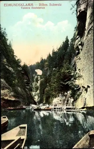 Ak Hřensko Herrnskretschen Elbe Region Aussig, Edmundsklamm, Vordere Bootstation