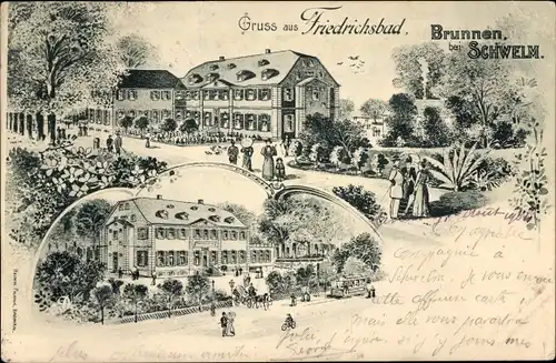 Litho Schwelm in Westfalen, Friedrichsbad, Brunnen, Hotel und Pension