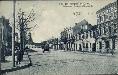 Ak Osjorsk Kaliningrad Darkehmen Ostpreußen, zerstörte Mühlenstraße, Kriegszerstörungen, I. WK