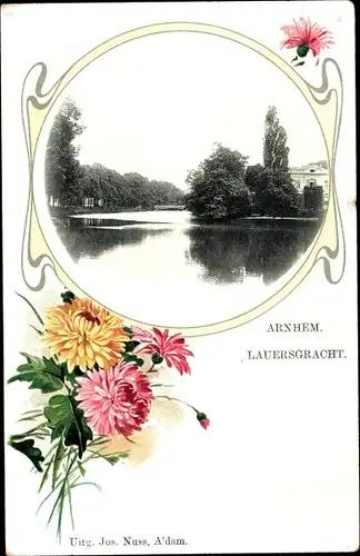 Passepartout Ak Arnhem Gelderland Niederlande, Lauersgracht, Blumen