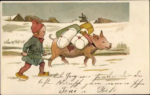 Litho Junge mit Schwein, Geschenke, Winterlandschaft