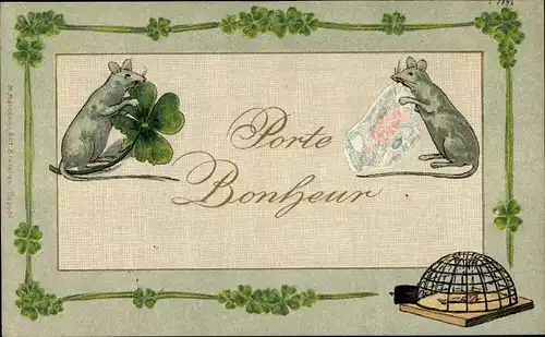 Präge Ak Porte Bonheur, Mäuse, Mausefalle, Kleeblätter
