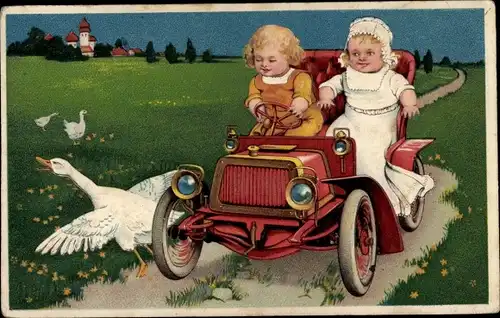 Präge Litho Zwei Mädchen in einem Automobil mit offenem Verdeck, Gans
