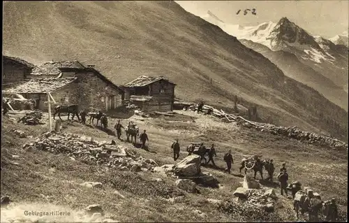 Ak Schweizer Armee, Gebirgsartillerie auf dem Gebirgsmarsch, Artillerie de montagne