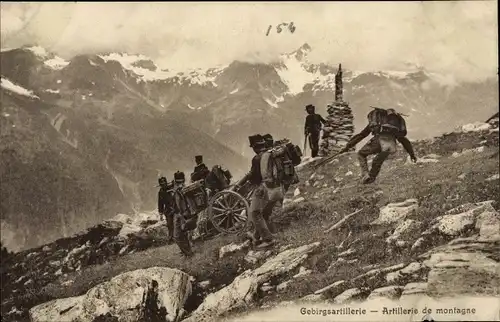 Ak Schweizer Armee, Gebirgsartillerie, Artillerie de montagne, Geschütztransport von Hand
