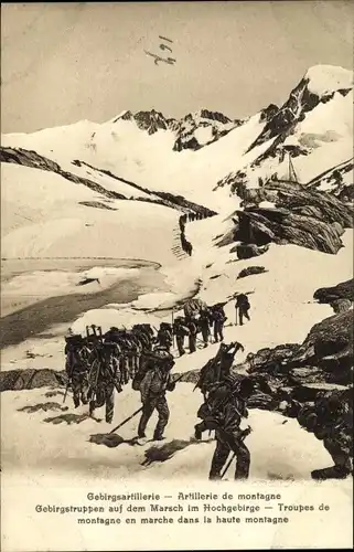 Ak Schweizer Armee, Gebirgsartillerie, Gebirgstruppen auf dem Marsch, Artillerie de montagne