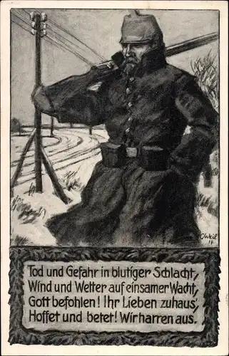 Künstler Ak Soldat hält Wache, Tod und Gefahr in blutiger Schlacht...