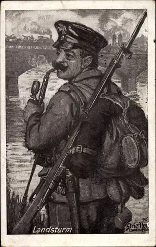Künstler Ak Strieffler, Landsturm, Deutscher Soldat in Uniform mit Pfeife