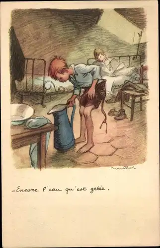 Künstler Ak Poulbot, Francisque, Encore l'eau qu'est gelée, Ligue Nationale contre le Taudis