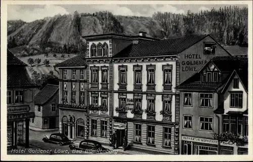 Künstler Ak Bad Blankenburg in Thüringen, Hotel Goldener Löwe, Außenansicht, Reparatur Werkstätte