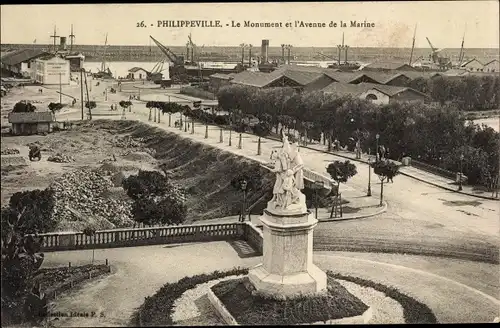 Ak Philippeville Skikda Algerien, Le Monument et l'Avenue de la Marine, Denkmal