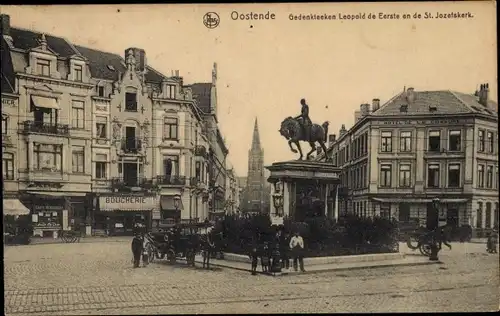 Ak Oostende Ostende Westflandern, Gedenktecken Leopold de Eerste en de St. Jozefskerk