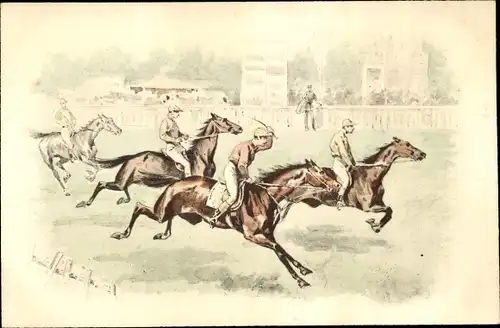 Künstler Ak Jockeys bei einem Pferderennen, Pferderennbahn