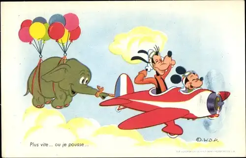 Künstler Ak Walt Disney, Mickey Maus und Goofy in einem Flugzeug, Elefant hängt an Ballons