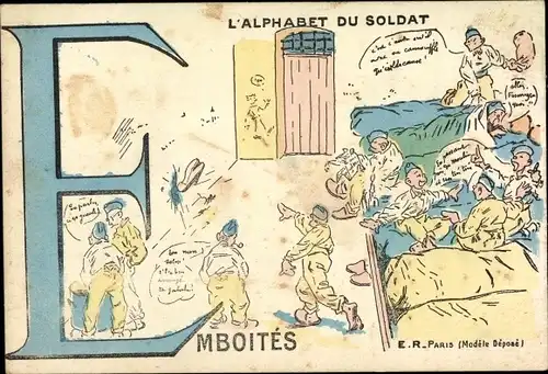 Buchstaben Ak E, Alphabet du Soldat, Emboites, französische Soldaten