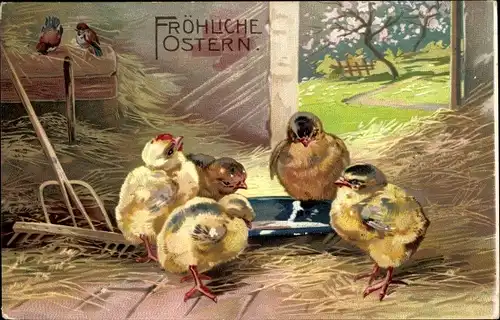Ak Glückwunsch Ostern, Küken, Bauernhof, Stroh, Scheune
