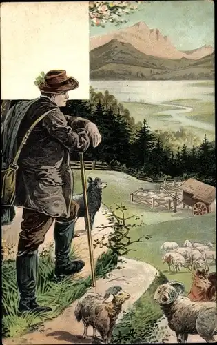Litho Schäfer mit Schafherde, Gebirgslandschaft