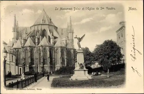 Ak Mons Wallonien Hennegau, Le Monument Dolez et l'Eglise de St. Vaudru