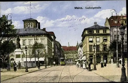 Ak Mainz am Rhein, Ludwigstraße, Straßenbahn, Straßenszene