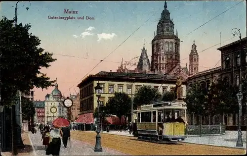 Ak Mainz am Rhein, Gutenbergplatz und Dom, Straßenbahn 38