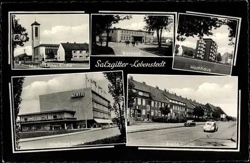 Ak Lebenstedt Salzgitter in Niedersachsen, Martin-Luther-Kirche, Bahnhof, Hochhaus, Hertie