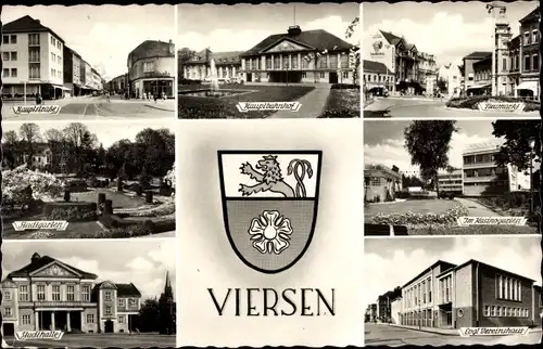 Ak Viersen in Nordrhein Westfalen, Hauptbahnhof, Hauptstraße, Stadthalle, Stadtgarten, Wappen