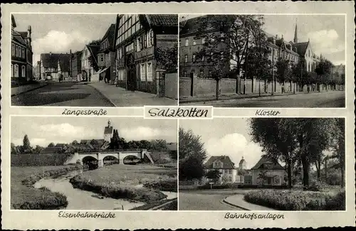 Ak Salzkotten in Westfalen, Lange Straße, Kloster, Bahnhofsanlagen, Eisenbahnbrücke