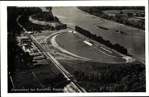 Ak Rappenwörth Karlsruhe in Württemberg, Fliegeraufnahme vom Rheinstrand