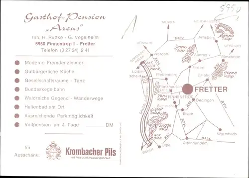 Ak Finnentrop im Sauerland, Gasthof Pension Arens, Panorama, Außenansicht, Speisesaal