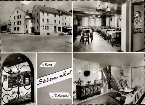 Ak Niederaula Hessen, Hotel Schlitzer Hof, Außenansicht, Speisesaal, Bar, Treppenhaus