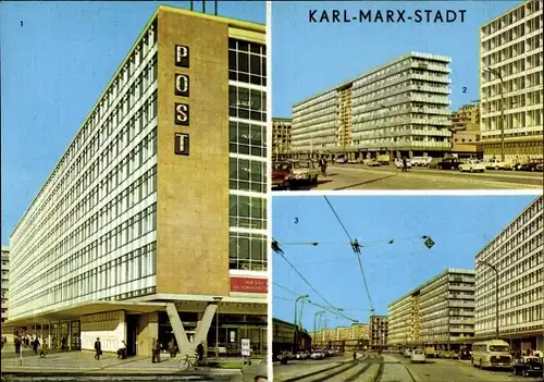 Ak Karl Marx Stadt Chemnitz in Sachsen, Post, Straße der Nationen, Straßenszene, Bus