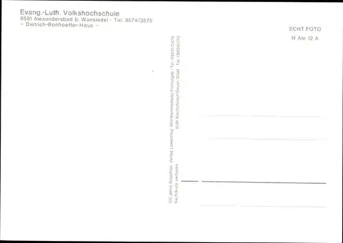 Ak Bad Alexandersbad im Fichtelgebirge, Evang-Luth. Volkshochschule, Dietrich Bonhoeffer Haus