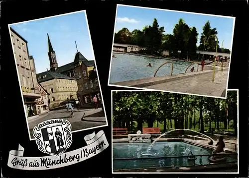 Ak Münchberg in Oberfranken Bayern, Wappen, Schwimmbad, Brunnen