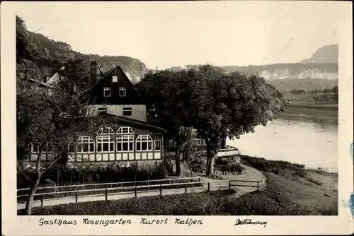 Foto Ak Kurort Rathen im Elbsandsteingebirge, Gasthaus Rosengarten