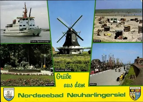 Ak Neuharlingersiel in Ostfriesland, Fähre Spiekeroog I, Strand, Kurpark, Hafen, Seriemer Mühle