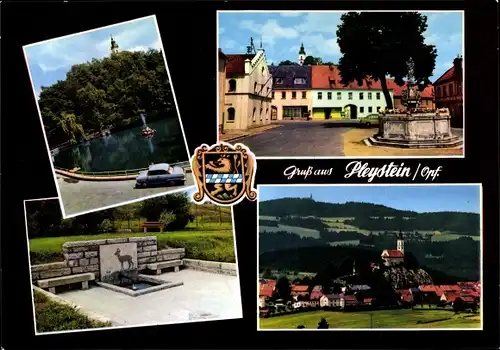 Ak Pleystein in der Oberpfalz Bayern, Denkmal, Brunnen, Kirche, Teilansicht