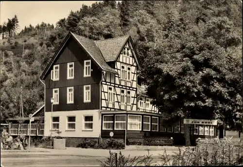 Ak Wendefurth Thale im Harz, HO Hotel zur Bode, Fachwerkhaus, Wald, Außenansicht