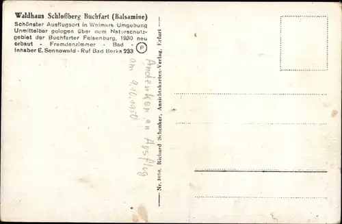 Ak Buchfart Weimarer Land, Waldkaffee Schloßberg, Balsamine, Blick auf Buchfart, Terrasse